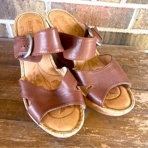 Born Brown Leather Cork Wedge Platform Slip On‎ Sandals Size 10 Women's SB4